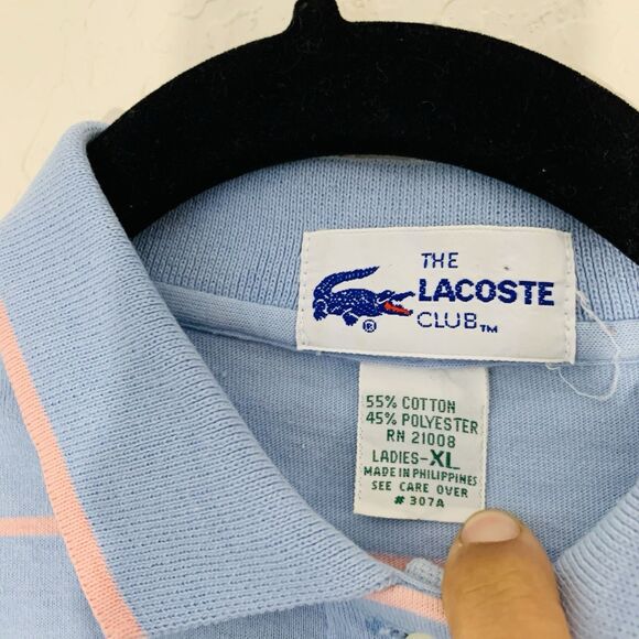 VTG Lacoste Polo Shirt Women XL Blue Pink Stripe Top Pastel Preppy Classic Logo - Picture 4 of 8